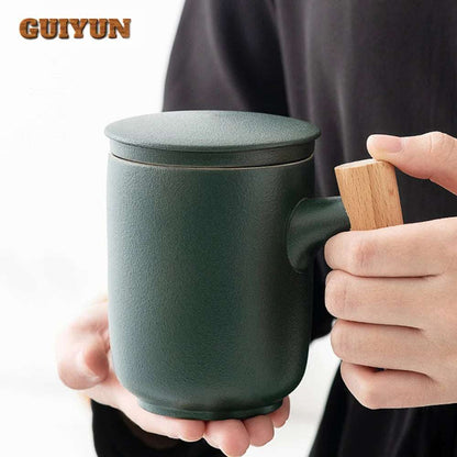 380ml Teacup Mugs With Dustproof Lid Tea Filter Heat Resistant Tea Infuser Coffee Cup Infuser Filter Wooden Handle Personal Mug