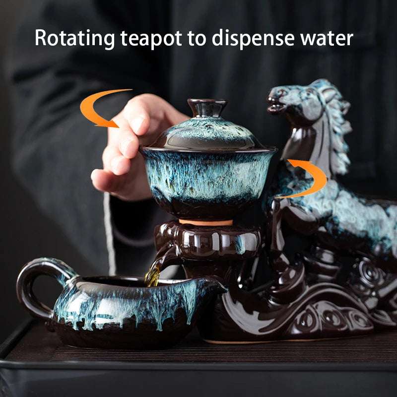 1 set of creative lazy tea set, semi-automatic horse teapot, magnetic rotating water guide tea set, Chinese Kung Fu tea set