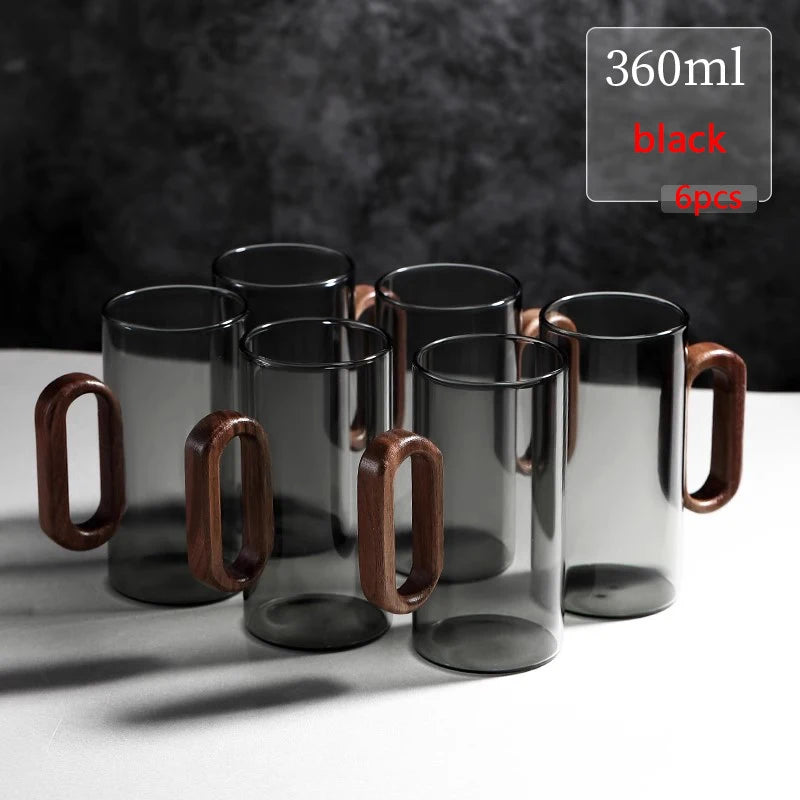 2/4/6pcs Glass Mug With Wooden Handle Heat-resistant Teacup Set Transparent Breakfast Milk Juice Cup Home Party Drinkware