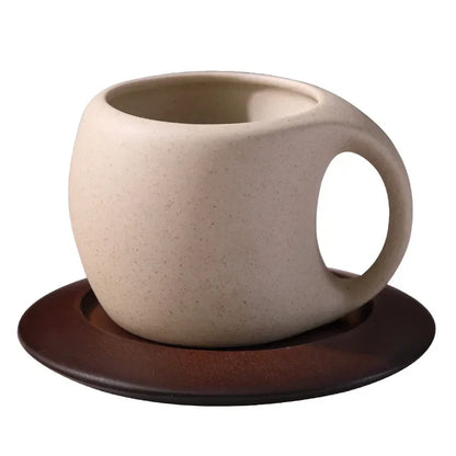 Ceramic coffee cup and saucer set retro latte American coffee cup wooden coasters tea cups spoon flower cups.
