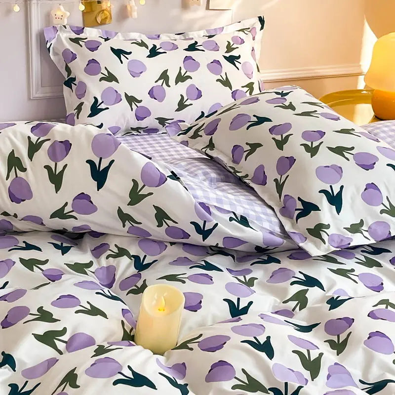 INS Style Bedding Set Ingen fyldstof Purple Tulip Fashion Duvet Cover Flat Sheet Pillowcase Girls Boys Single Double Size Bed linned