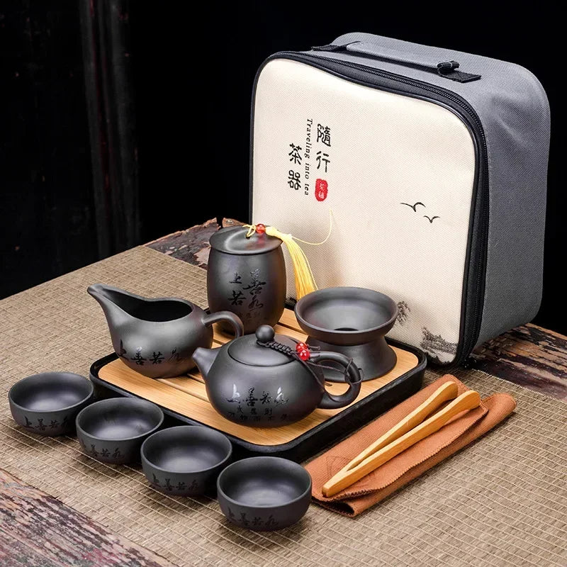 Chinese Kung Fu Tea Set Sand Ceramic Teapot Set Travel Kong Fu Tea Kit Gift Porcelain Purple Sand Pot Infuser Ceramic Tea Set