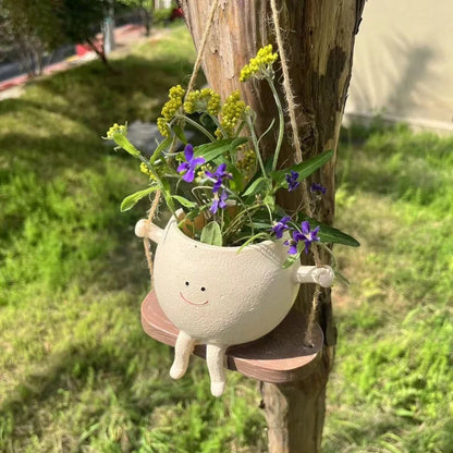 Cute light yellow swing small flower pot creative resin crafts living room study balcony home hanging unique decorative gift