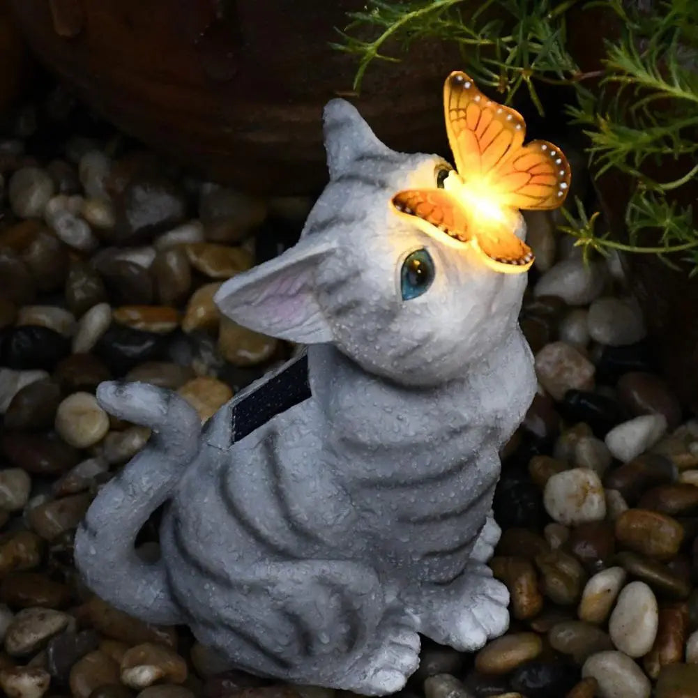 A estátua de gato artesanal coloca a luz solar incluiu escultura de gatos de ornamento de gato com decoração de jardim de luz solar leve