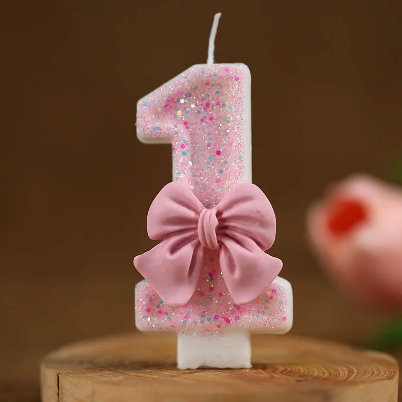 Vaaleanpunainen 3D -numero kakku sisustus kynttilöitä söpö vaaleanpunainen keula Candles Cake topper syntymäpäiväjuhlia muistopäiväjuhlat kakku sisustus