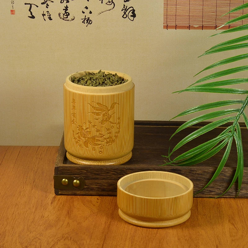 Handmade Bamboo Tea Storage Box Chinese Carved Tea Canister Lid Seal Kitchen Storage Jars Accessories Spice Box Organizer