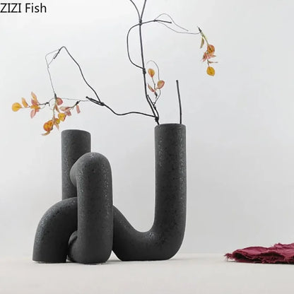 Minimalist Ceramic Vase Pipeline Shape Floral Vases Desk Decoration Frosted Porcelain Flowers Arrangement Modern Home Decor