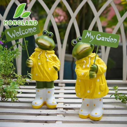 Ozdoba żaby z żywicy z znakiem powitalnym Outdoor Garden Garden Rzeźba Rzeźba Rodzinny Prezent na podwórko Patio Lawn