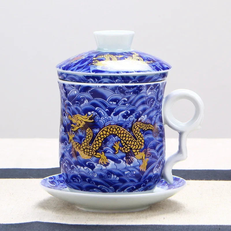 Chinese Dragon Pattern Tea-Mug with Strainer Infuser and Lid and Saucer Ceramic Tea Mug Convenient  Porcelain Personal Tea Cup
