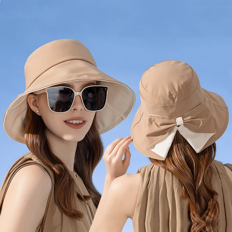 Kvinner Summer Sun Protection Bucket Hat With Bow-Tie Lady Elegant Sunscreen Beach Cap Outdoor Wide Brim Headtchar Wholesale New In