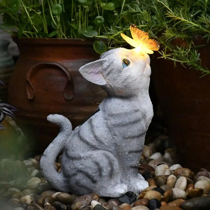 Håndlaget kattestatue Aktive poseringer Solsys inkluderte kattepynt katteskulptur med solenergi med solhjem hage dekorasjon