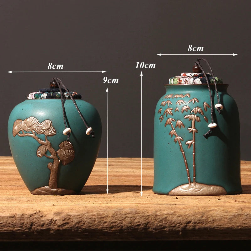 Japanese Creative Ceramic Hand-painted Embossed Tea Caddy Retro Handmade Storage Jar Coffee Beans Container Teaware Accessories