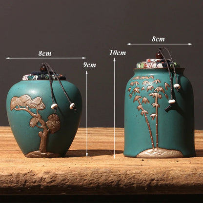 Japanese Creative Ceramic Hand-painted Embossed Tea Caddy Retro Handmade Storage Jar Coffee Beans Container Teaware Accessories