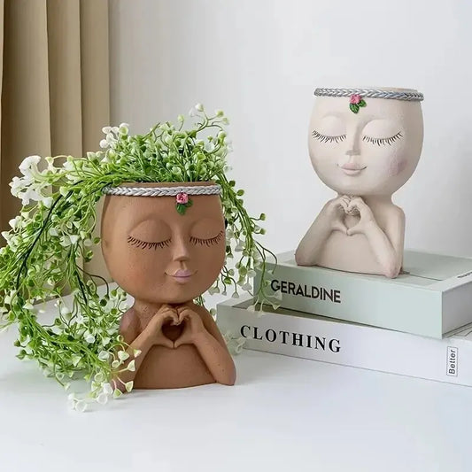 Face Flower Pot Girl Planter Figure Art Art Ornament Home Human Resin Dekorativní hrnčící drenážní díra dárek pro ni/