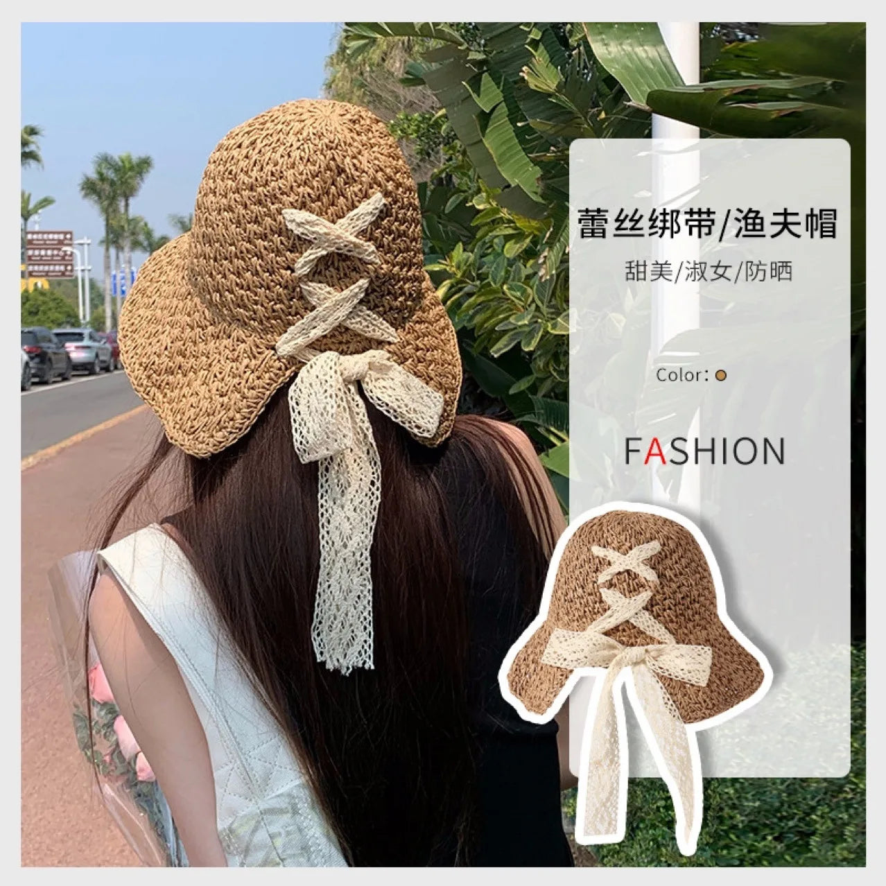 Women's Straw Hat Koreansk version af tidevandsmærket alt japansk sommer tynd stil sol hat blonder bue udhulet hat