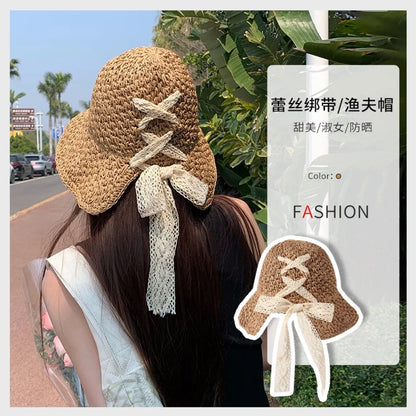 قبعة القش النسائية النسخة الكورية من ماركة The Tide كل شيء ياباني للصيف بتصميم رقيق قبعة الشمس بفيونكة دانتيل مجوفة