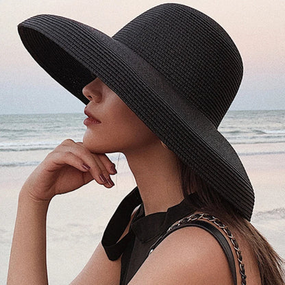 2024 Nuevos sombreros de sol de verano Damas Solidas Solid Elegant ancho ancho Hombo de borde redondo Panamá Panamá Sombrero de playa Sombrero de playa Mujeres лето