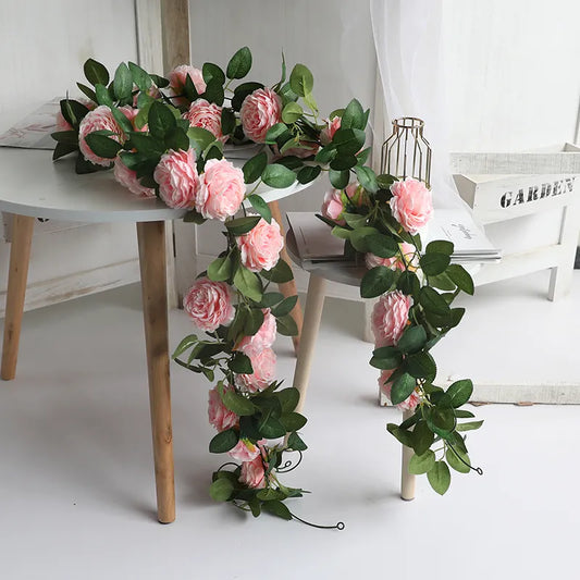 Seta rosa Peonia rosa fiore rattan evy artificiale Rattan Wedding Party Wall sospeso Ghirlanda decorazione da giardino