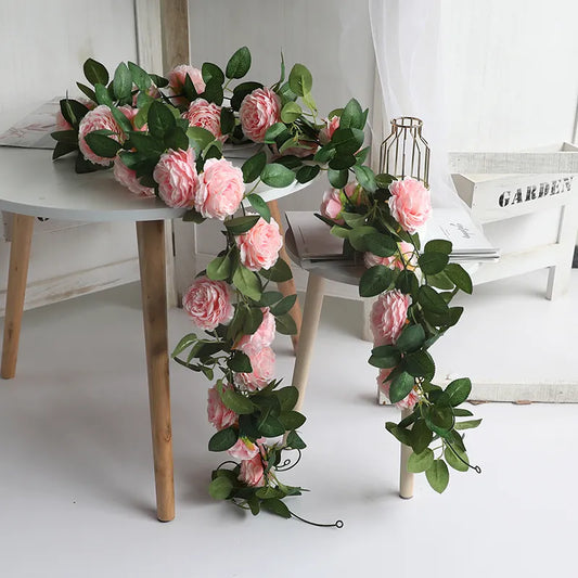 Pink Silk Peony Rose Flower Rattan Artificial Ivy Rattan Wedding Party Wall Hanging Garland Home Garden Decoration Green Plants