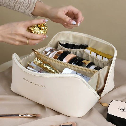 Læder stor kapacitet rejser kosmetisk taske bærbar kvinder makeup case vandtæt multifunktionel toiletartikler arrangør opbevaringspose