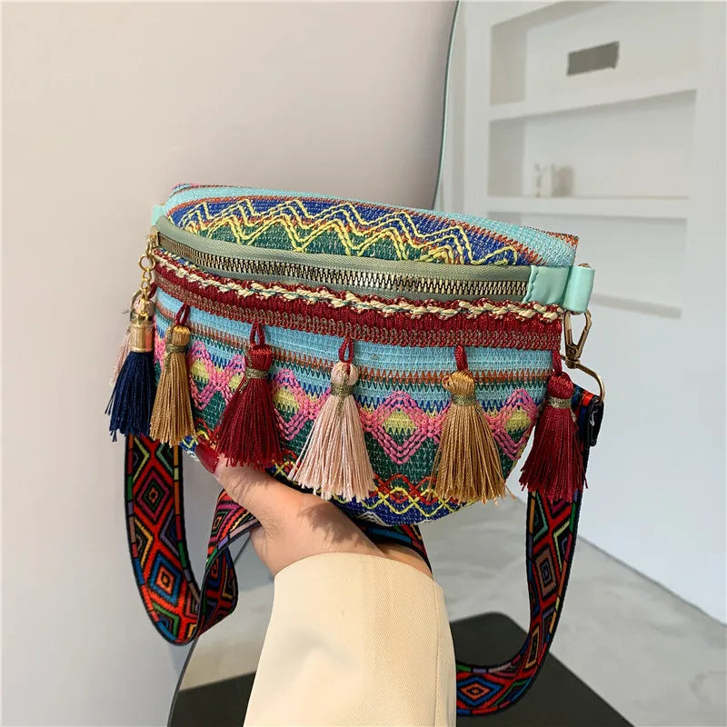 The New Bohemian Ethnic Style Wide Strap Braided All-in-one Tassel Bucket Slant Shoulder Bag for Women