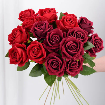 5Pcs Artificial Flowers Bouquet Red Velvet Fake Rose Flower for Wedding Home Table Decoration Christmas Valentine's Day Gift