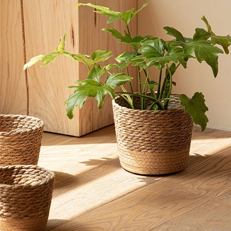 Plantatoare de coșuri vase de flori acoperă coșuri de depozitare containere de plante țesut manual coș plantator de paie bonsai container