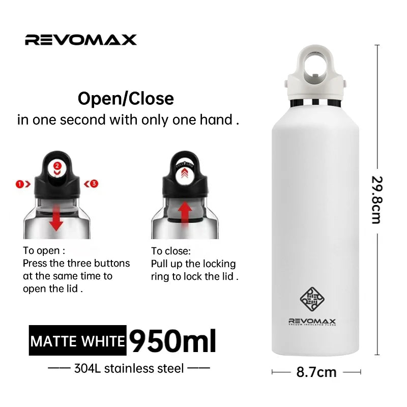 REVOMAX Large Capacity Stainless Steel Thermos Portable Vacuum Flask Insulated Tumbler With No Screw Lid Thermo Bottle 950ml