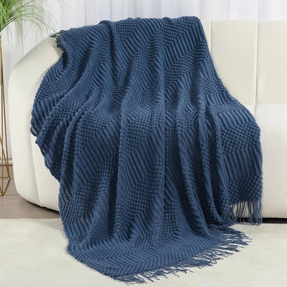 Inya Navy Alle kaster tæppe til sofa Sofa Bed dekorativt strikket tæppe med kvaster, blød letvægt Hyggelige strukturerede tæpper