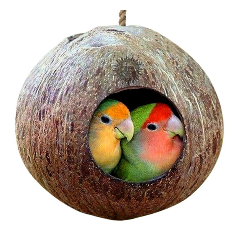 Gabbia per nidificazione del pappagallo di guscio di cocco naturale con cordino per piccoli parrocchetti per animali domestici