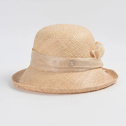 Cappello da sole estivo da sole da sole da donna di lusso con cappello Rafia con una fascia di canapa vera con cappello da spiaggia in stile moderno morbido