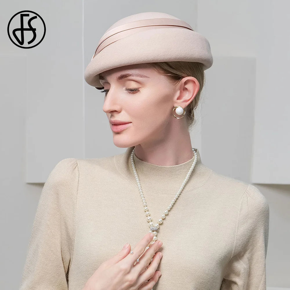 FS Elegant Millinery Fascinator Beret Wool Hats For Women Wedding Church Tea Party Pillbox Cap Ladies 2023 Fedoras Chapeau Femme