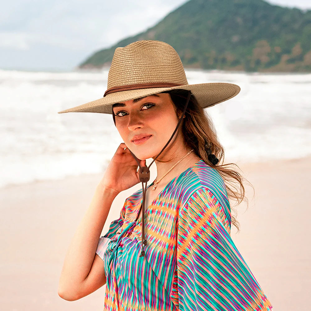 Nuevos boscos de borde para hombres Panama Panamá Sombrero de paja con correa de la barbilla Jardín de verano Beach Sun Hat upf 50+