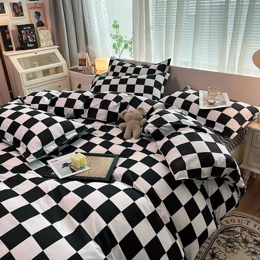Checkerboard -vuodevaatteet Sett EI Comforter -peittopeitteen kannen tyynyliina tasainen arkki yhden queen -kokoinen polyesterilaskut