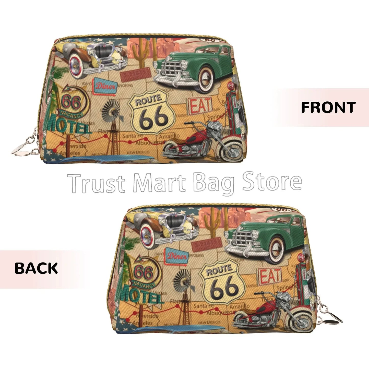 Vintage US Historic Route 66 Old Car Print Makeup Bag Leather Travel Cosmetic Organizer Bag Women Large Capacity Toiletries Bags