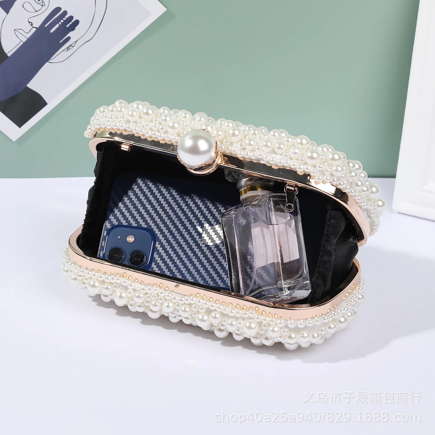 Fashion Elegant Women White Beige White Luxury Special Crystals Boaded Pearl Night embrague Bolsas de boda Bolso Bolso