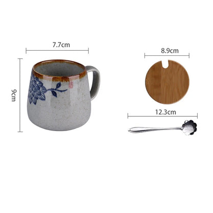 380ml Japanese Retro Style Coffee Mug With Handle Ceramic Breakfast Oats Milk Cups Home Teacup Water Mug With Lid And Spoon Gift