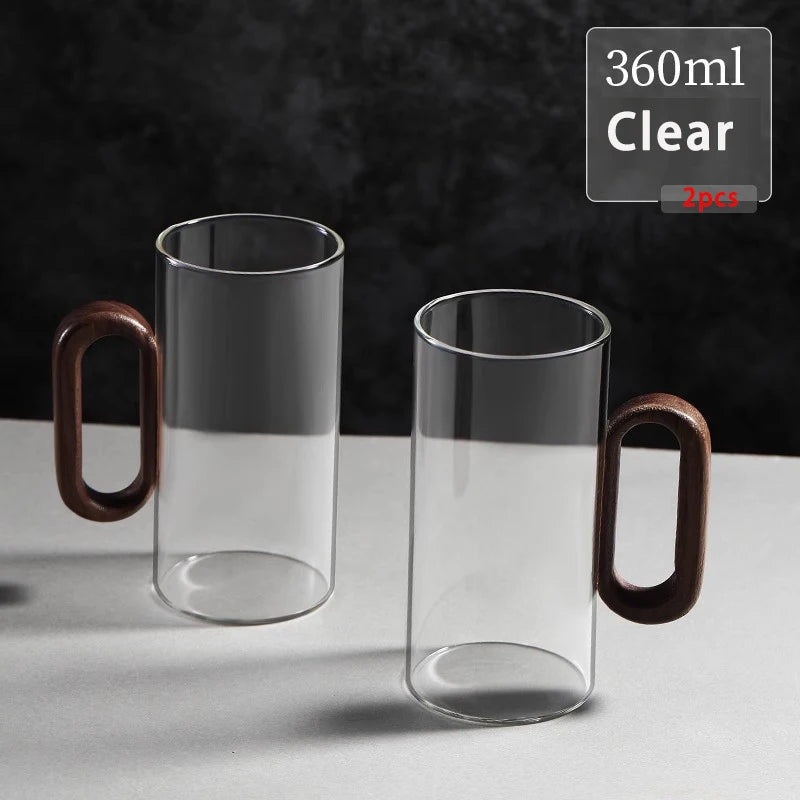 2/4/6pcs Glass Mug With Wooden Handle Heat-resistant Teacup Set Transparent Breakfast Milk Juice Cup Home Party Drinkware