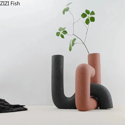 Minimalist Ceramic Vase Pipeline Shape Floral Vases Desk Decoration Frosted Porcelain Flowers Arrangement Modern Home Decor