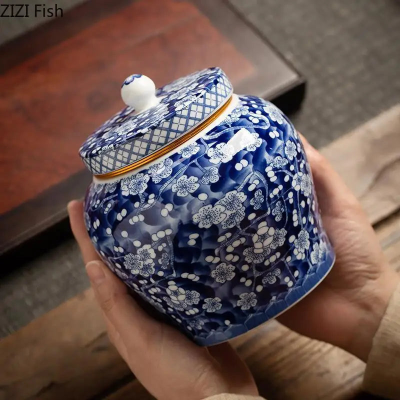 Blue and White Porcelain Tea Canister Ceramic Tea Organizer Box Storage Jars Desk Decoration Tea Jar Coffee Container Tea Caddy