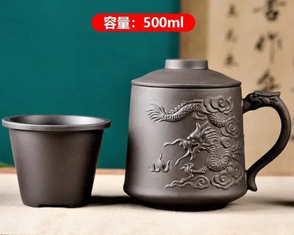Retro Yixing Dragon Phenix Purple Clay Tea Mug with Lid and Infuser Handmade Ceramic Teacup Office Water Cup Gift Home Drinkware