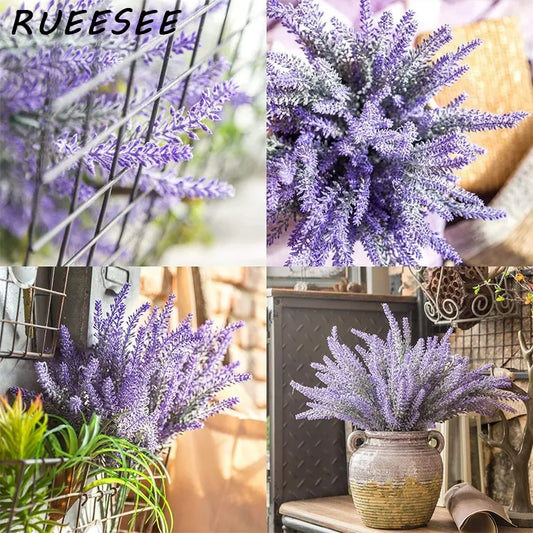 Flores artificiales Bulto de lavanda de plástico Flocked Flock Plantas falsas Bodas Bouquet Indoor Outdoor Home Cocina Mesa de oficina