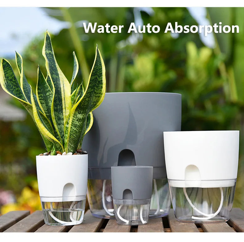 Transparent Double Layer Plastic Flower Pot Self Watering Flowerpot Cotton Rope Watering Planter with Injection Port