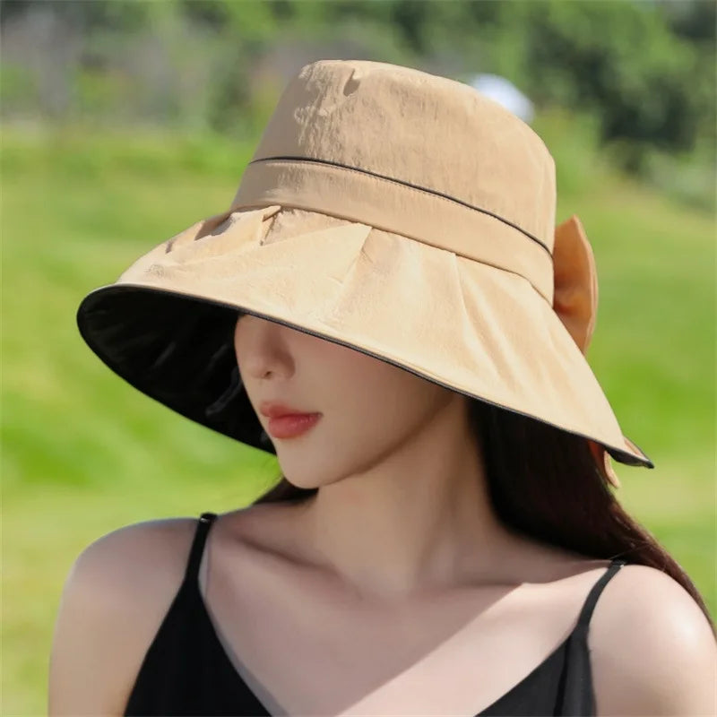 Sun Hat with UV Protection, Wide Brim, Korean Version, Sweet, Sun Hat for Women in Summer, Sunscreen and Versatile, Bowknot Hat