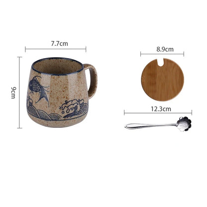 380ml Japanese Retro Style Coffee Mug With Handle Ceramic Breakfast Oats Milk Cups Home Teacup Water Mug With Lid And Spoon Gift