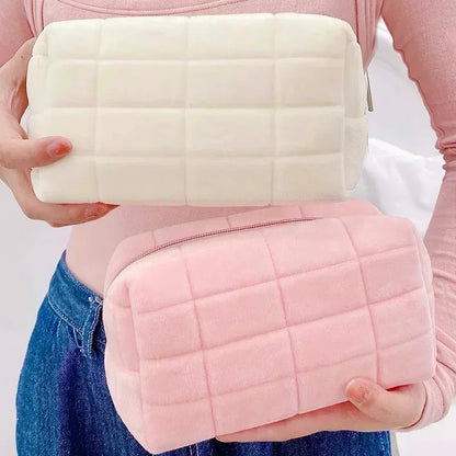 Linda cuadrícula cuadrada bolso de maquillaje de piel suave para mujeres portátiles de viaje cosmético lindo mini cremallera bolsa de tocador de lavado de la bolsa de lavado