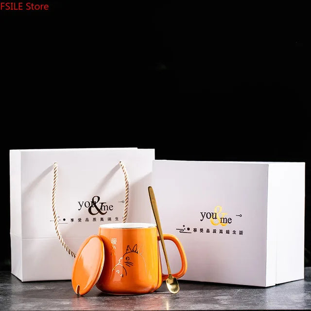 400ml New Product European Style Light Luxury Gold-painted Ceramic Coffee Mug with Lid Spoon Water Cup Cartoon Mug