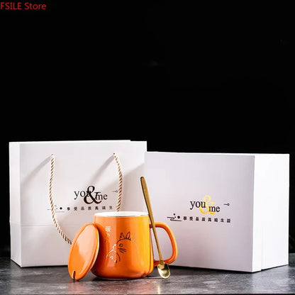 400ml New Product European Style Light Luxury Gold-painted Ceramic Coffee Mug with Lid Spoon Water Cup Cartoon Mug