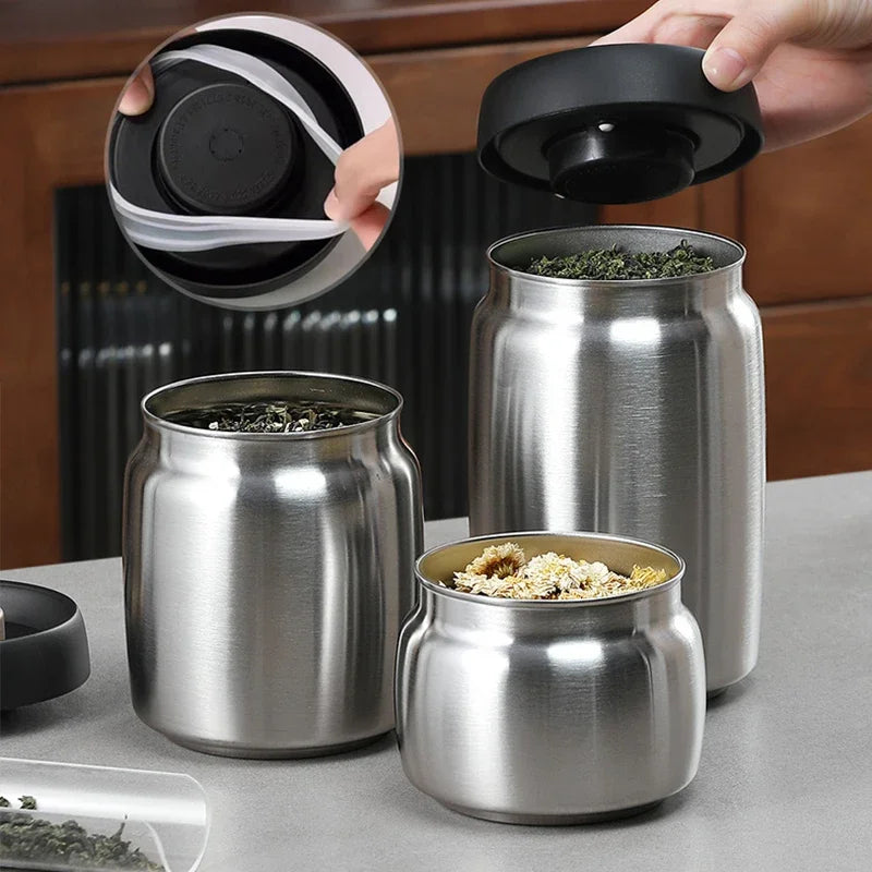 Stainless steel tea sealed jar Moisture-proof household tea storage jar press vacuum high-grade coffee bean sealed jar