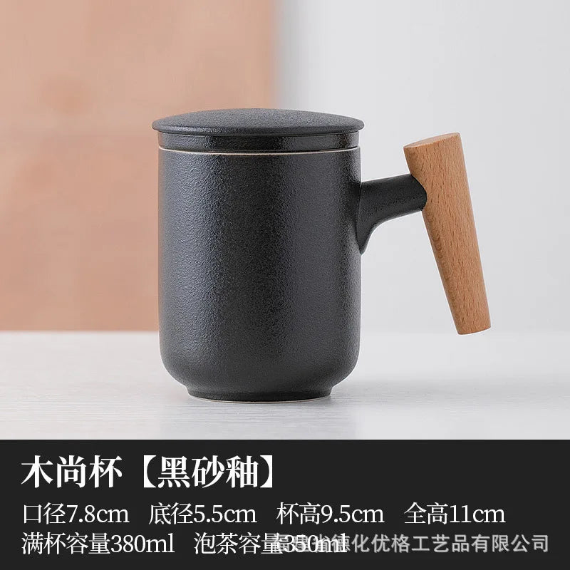 380ml Teacup Mugs With Dustproof Lid Tea Filter Heat Resistant Tea Infuser Coffee Cup Infuser Filter Wooden Handle Personal Mug